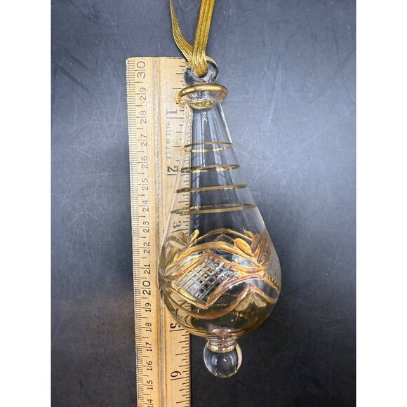 Egyptian Hand Blown Fancy Gold Etched Glass Christmas Teardrop Ornament 6” - Picture 6 of 6